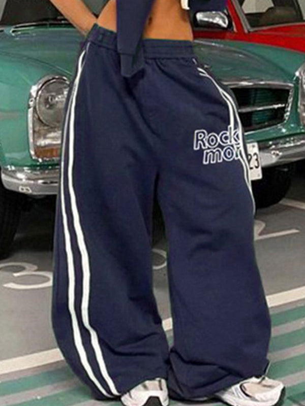 Marineblaue 90er Streetwear Hose mit Streifen und Weitem Bein