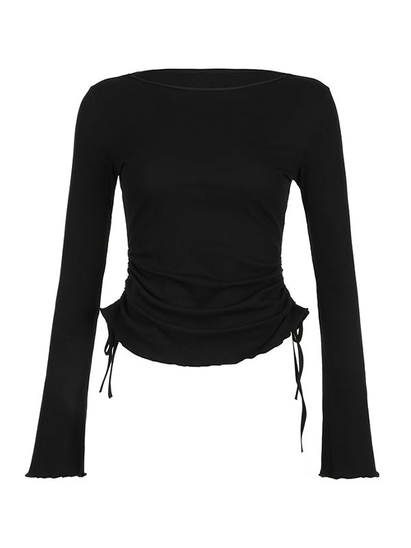 Czarny vintage sweter z dzianinowym z sznurowaniem i długimi rękawami