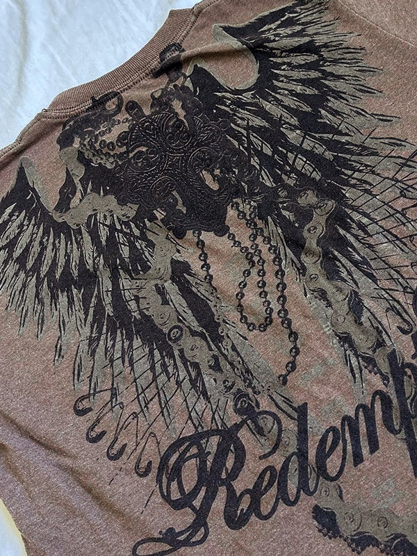 T-shirt vintage oversize marrone a maniche corte con stampa