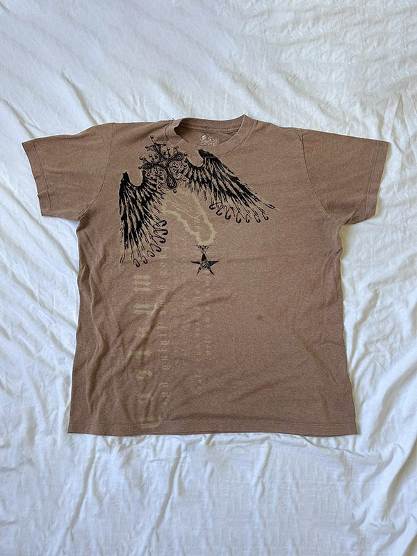 T-shirt vintage oversize marrone a maniche corte con stampa