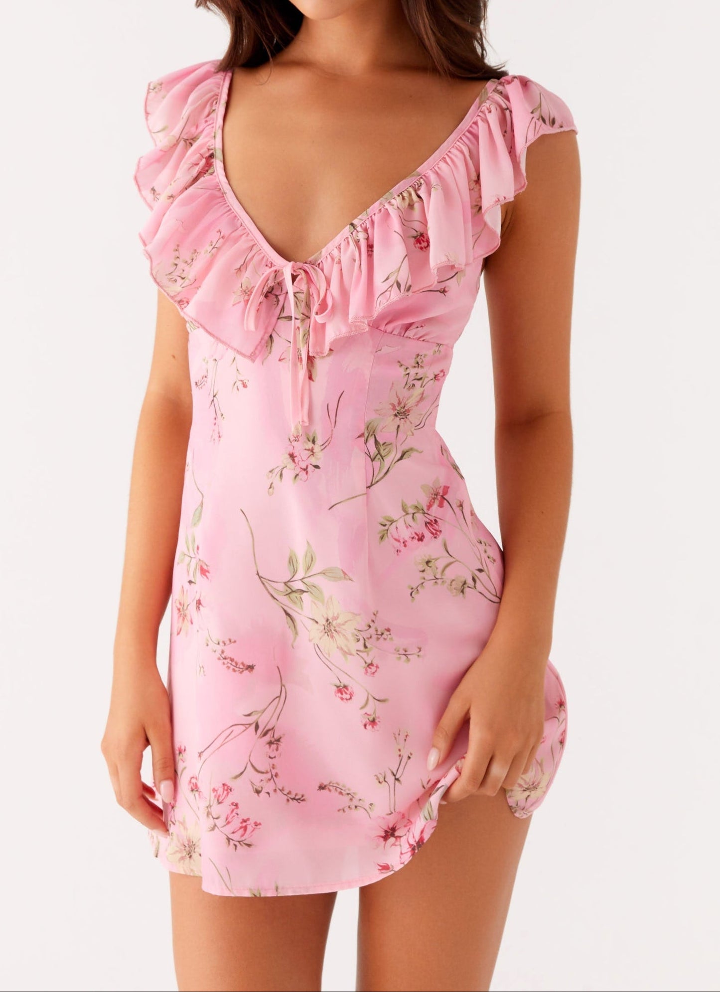 Venezia ruches mini -jurk - roze bloempatroon