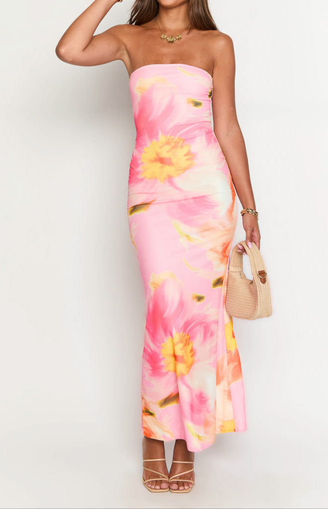 Bice roze oranje bloemen maxikleid