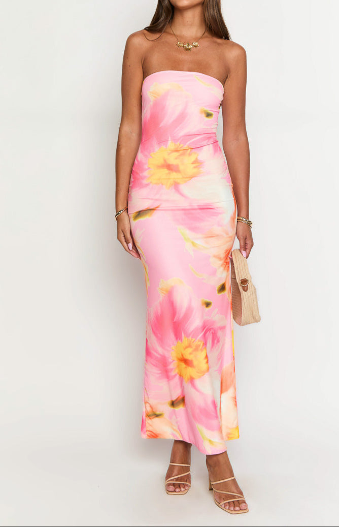 Bice roze oranje bloemen maxikleid