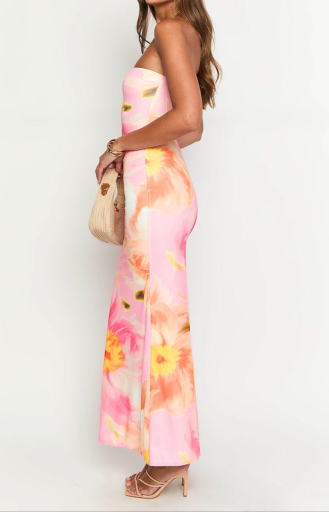 Bice roze oranje bloemen maxikleid