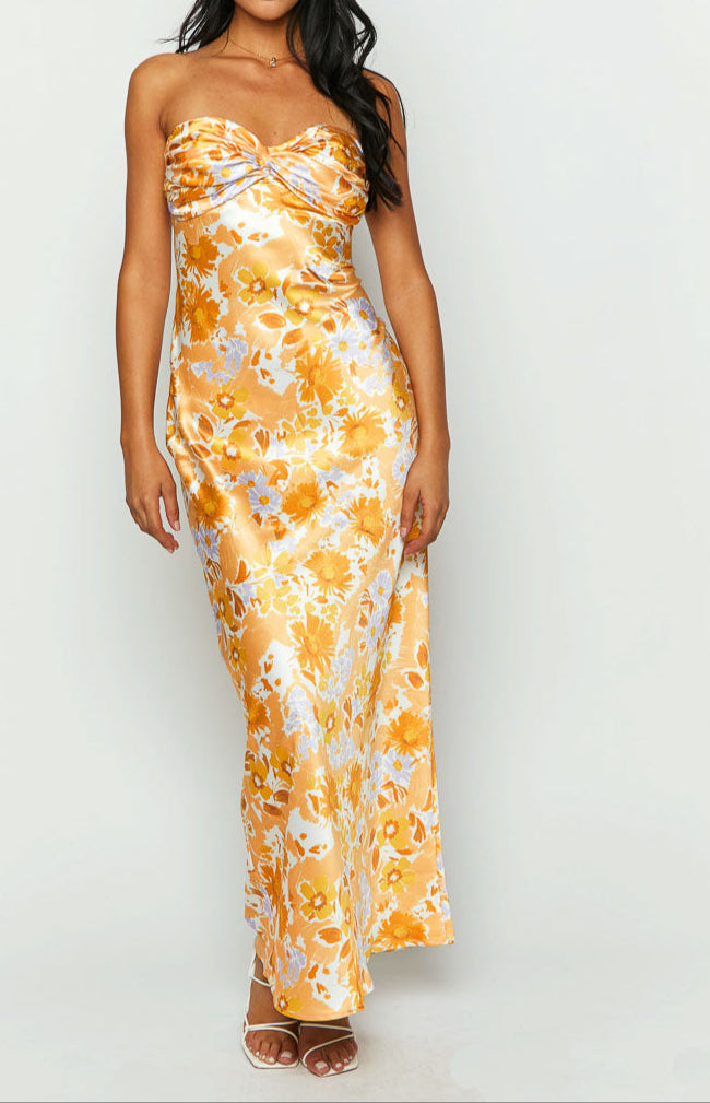 Armani maxi avondjurk in sinaasappel met bloemenprint