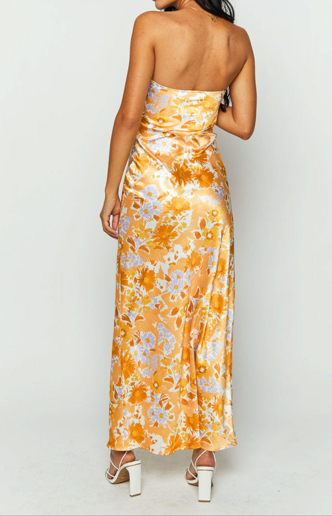 Armani maxi avondjurk in sinaasappel met bloemenprint