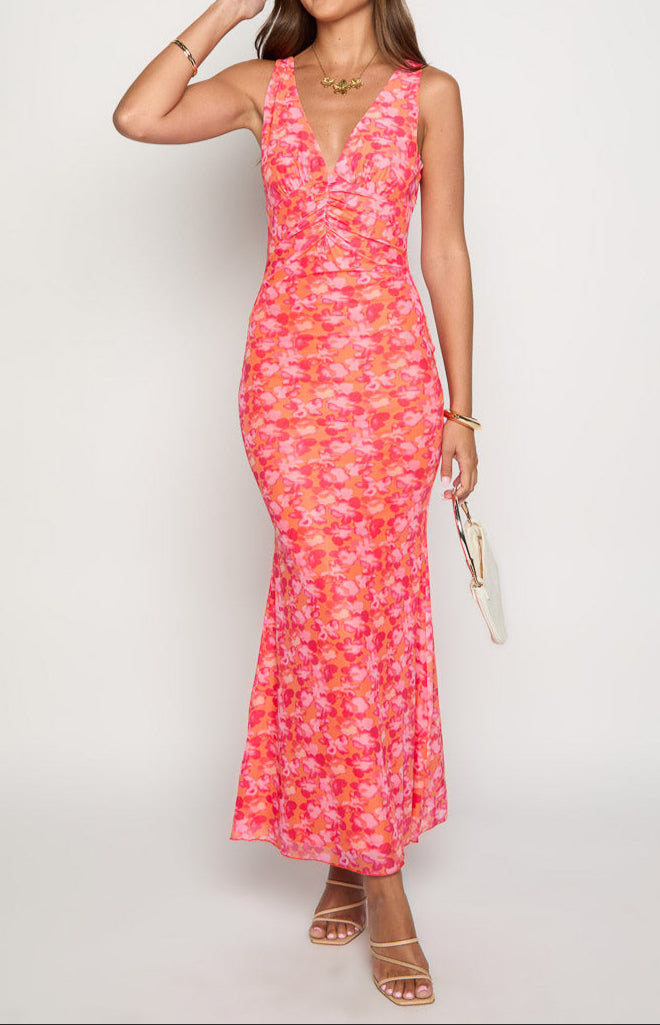 Orsa Orange Blümchenmuster MaxiKleid