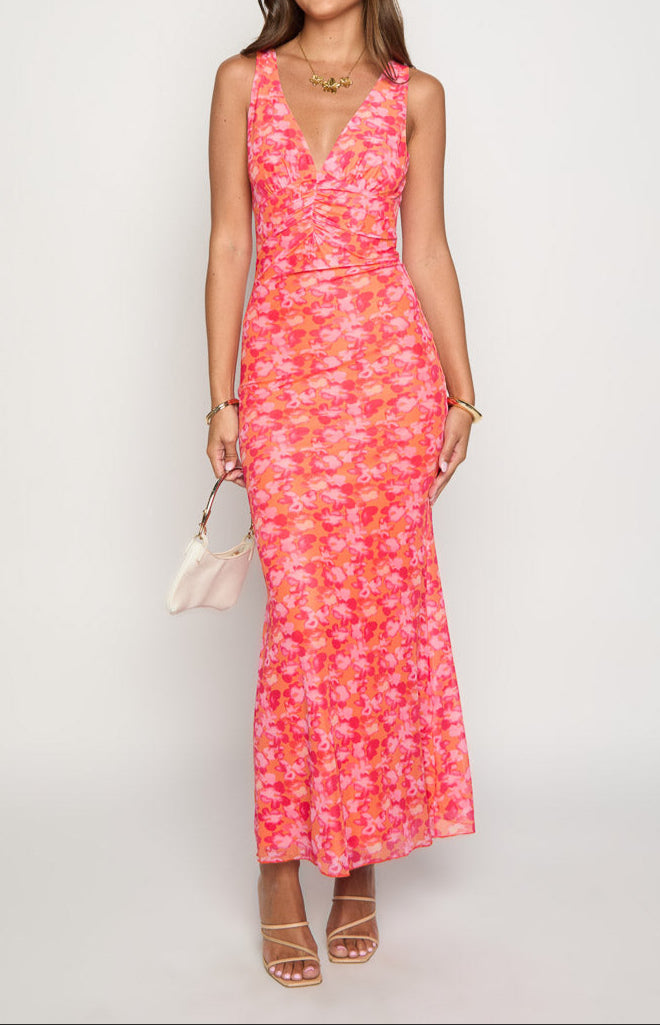 Orsa Orange Blümchenmuster MaxiKleid