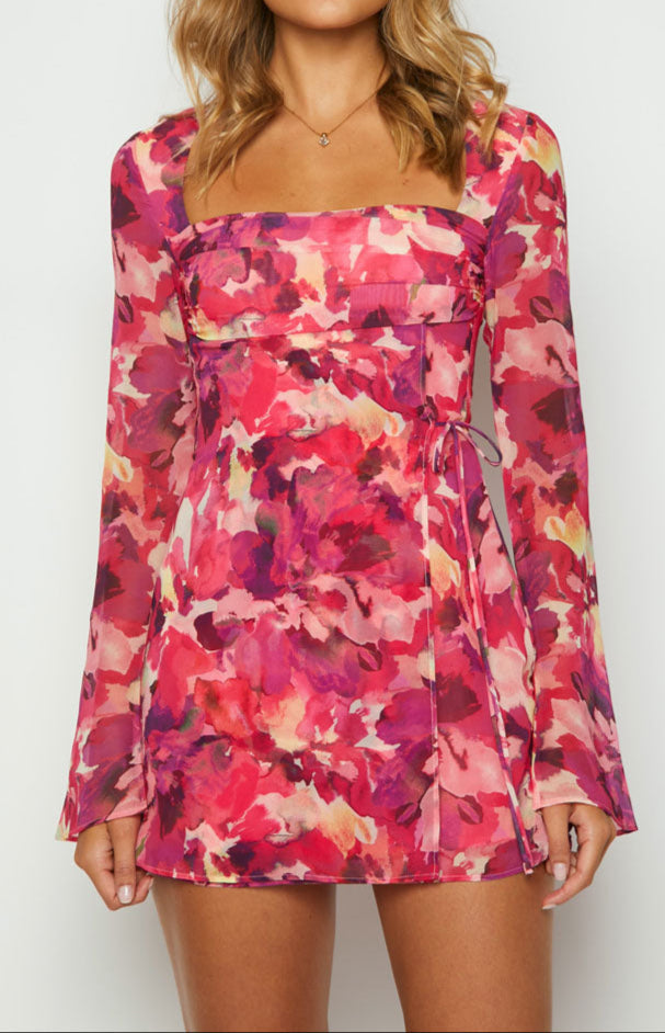 Mafalda mini -jurk met roze print en lange arm