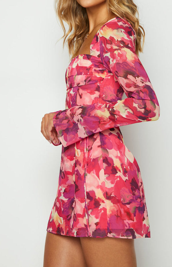 Abriana Pink Print Mini sukienka z długim rękawem