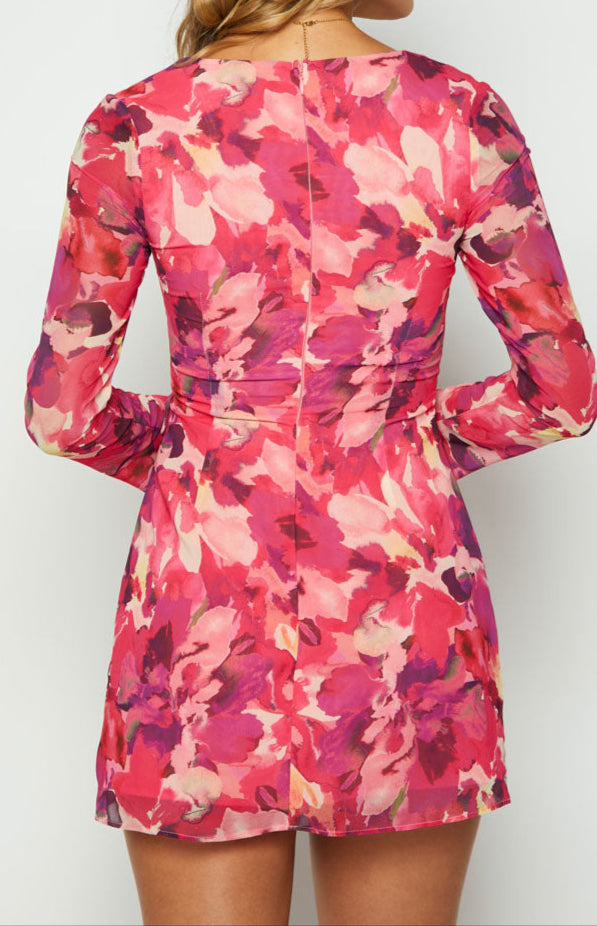 Mafalda mini -jurk met roze print en lange arm