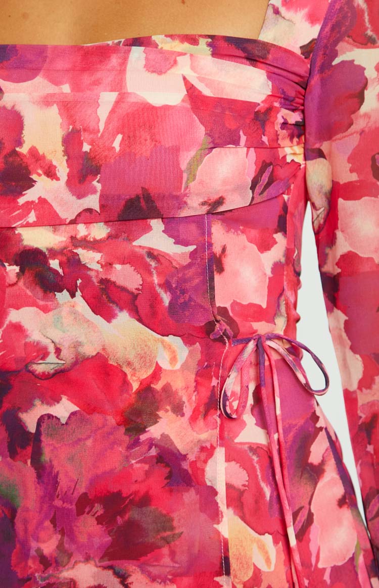 Mafalda mini -jurk met roze print en lange arm