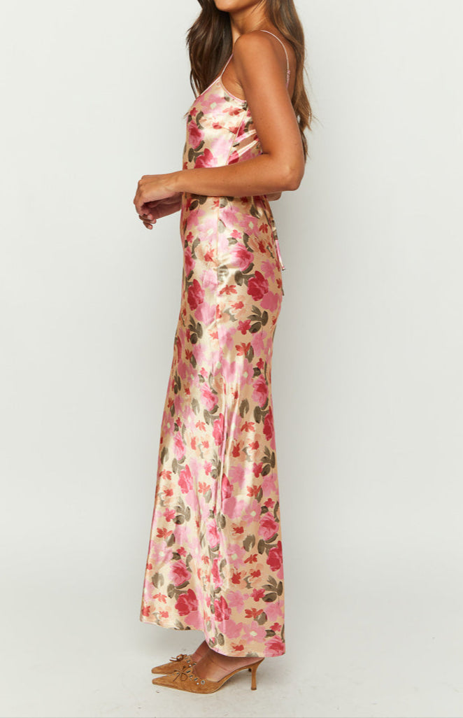 Lilla maxi -jurk in geel met bloemprint van satijn