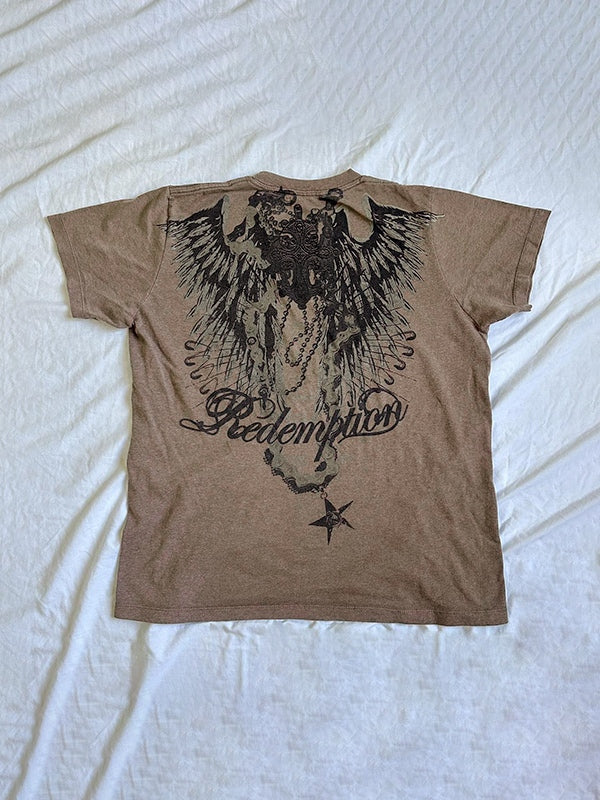 T-shirt vintage oversize marrone a maniche corte con stampa