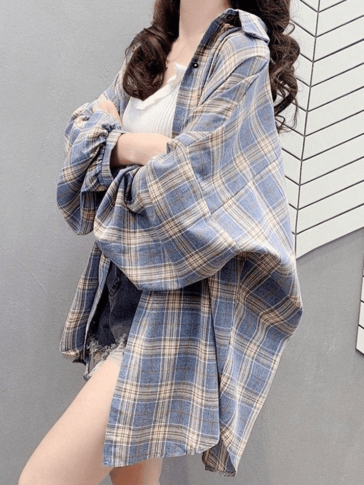 Vintage Karierte Oversize Langarmbluse mit Knöpfen