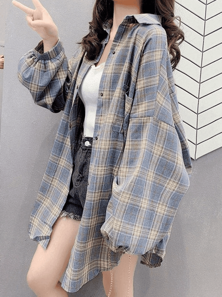 Vintage Karierte Oversize Langarmbluse mit Knöpfen