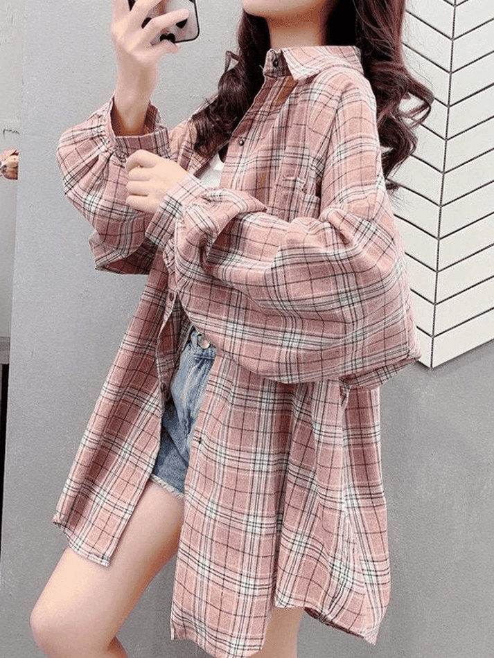 Vintage Karierte Oversize Langarmbluse mit Knöpfen