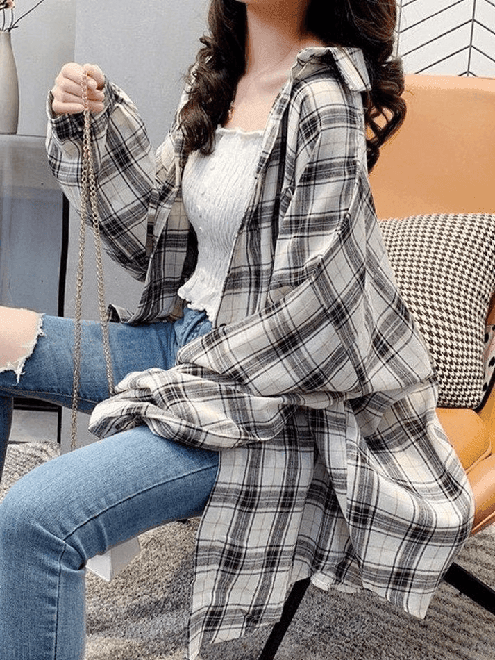 Vintage Karierte Oversize Langarmbluse mit Knöpfen