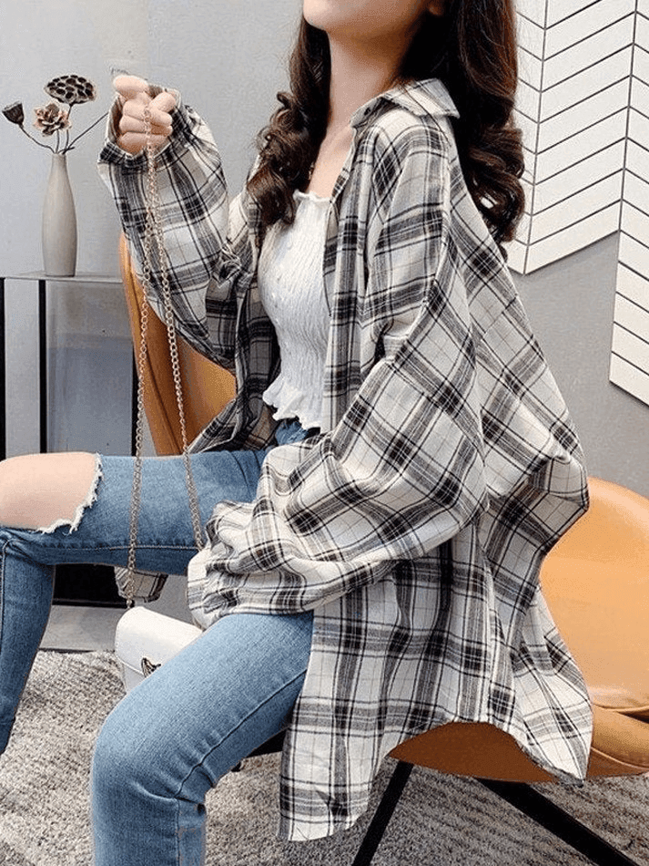 Vintage Karierte Oversize Langarmbluse mit Knöpfen