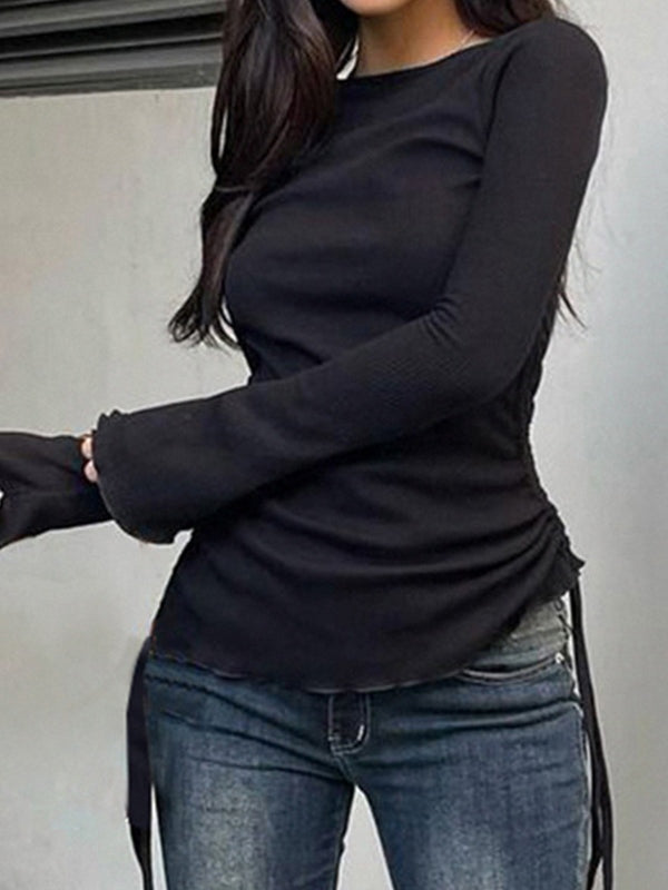 Czarny vintage sweter z dzianinowym z sznurowaniem i długimi rękawami