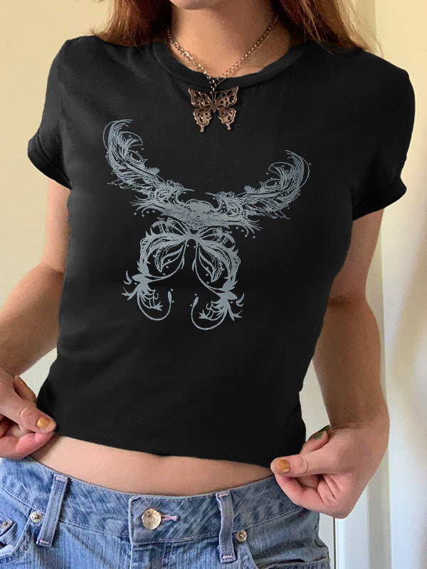 Black vintage T-shirt with hand-printed feather wings