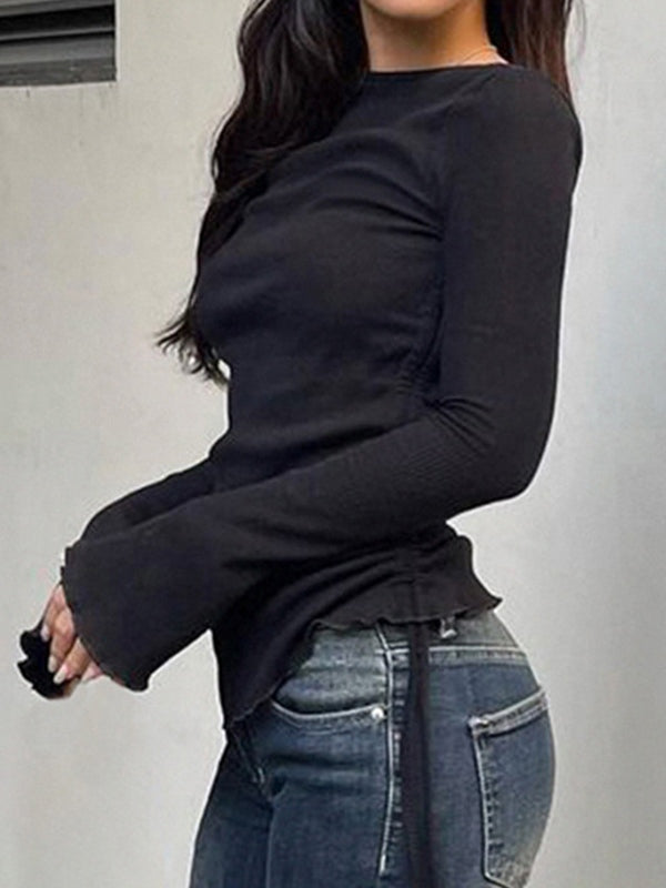 Czarny vintage sweter z dzianinowym z sznurowaniem i długimi rękawami