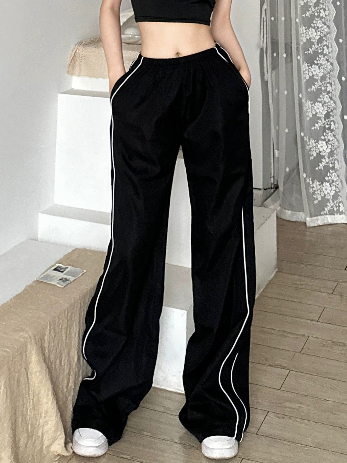 Retro Sport Schwarze Kontrast Baggy Sweatpants