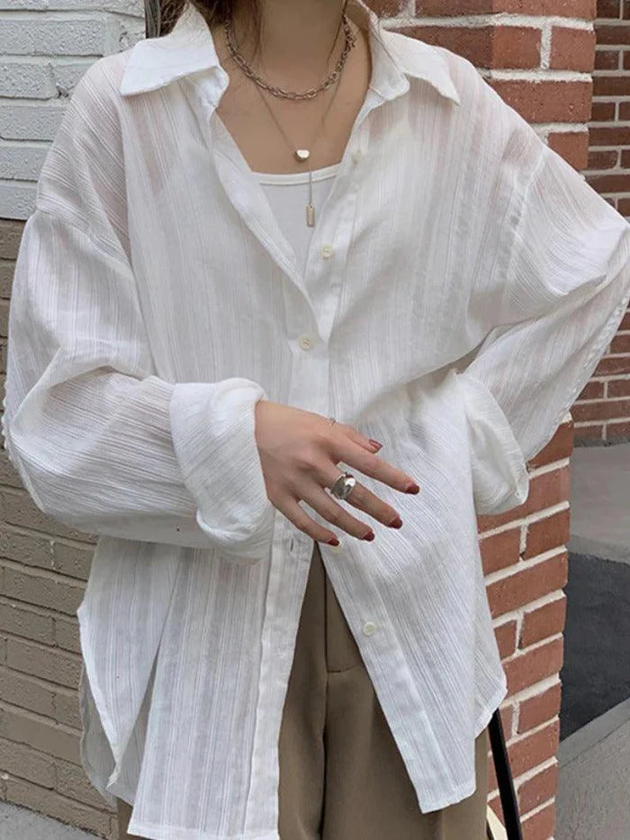 Wit klassieke veelzijdige textureerde blouse met lange sleeved