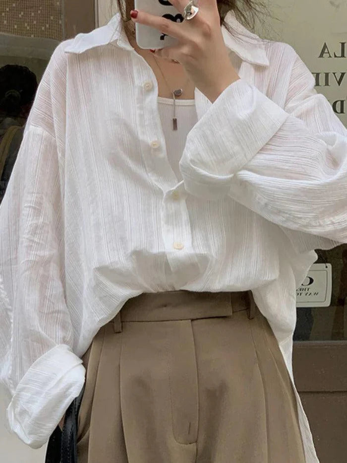 Wit klassieke veelzijdige textureerde blouse met lange sleeved