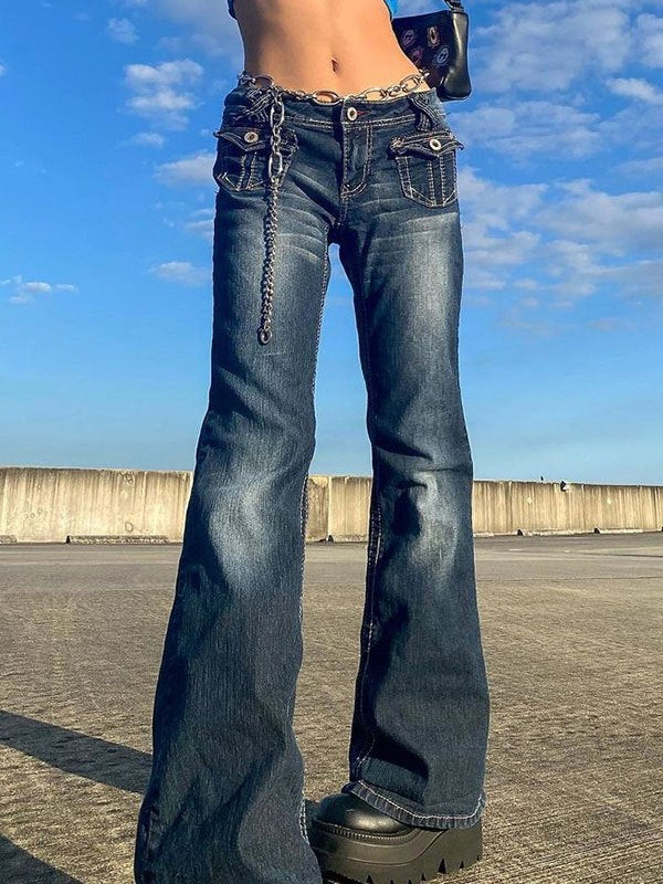 Verblasste Vintage Cargo Jeans Schlaghose mit Taschen – Razys