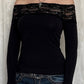 Top a maniche lunghe vintage nero con spalle scoperte e inserto in pizzo