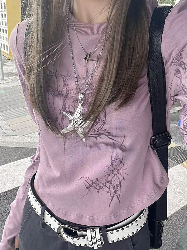 Lila Grunge Langarmshirt mit Grafikdruck