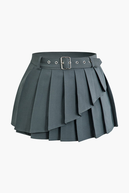 Buckle Layer Pleated Mini Skirt