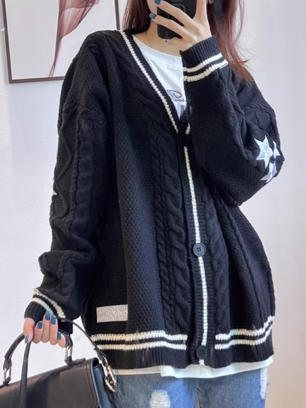 Vintage Oversize Zopfmuster Strick Cardigan mit Sternenstickerei