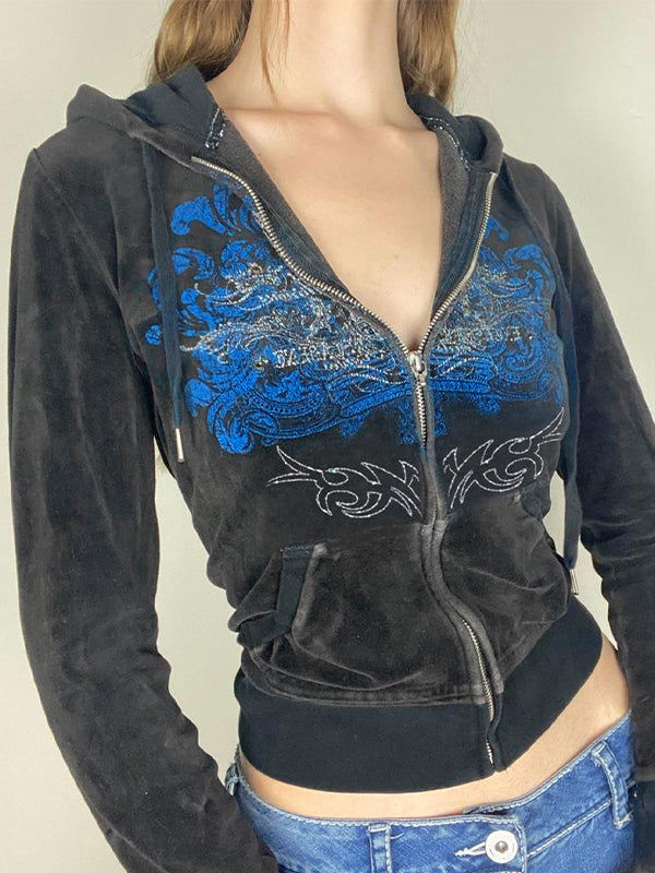 Grunge Velvet Hoodie mit Reißverschluss und Strassstein Muster