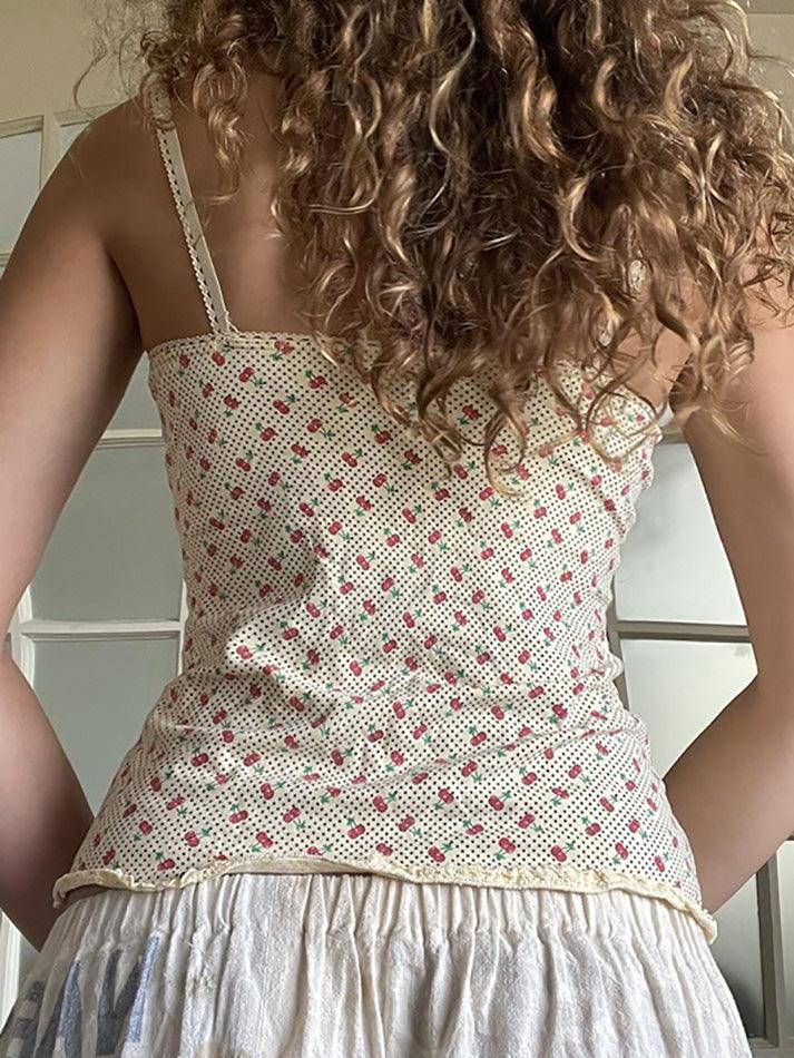 Bow lace tank top with cherry print