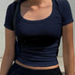 Navy Blue Y2K Crew Neck Crop Top 