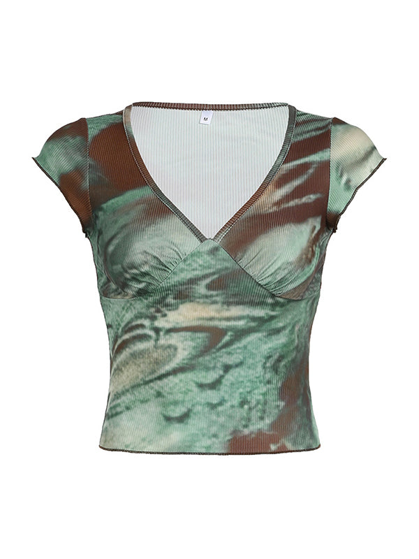 Vintage Oil Painting Print Short Sleeve Deep V-Neck T-Shirt