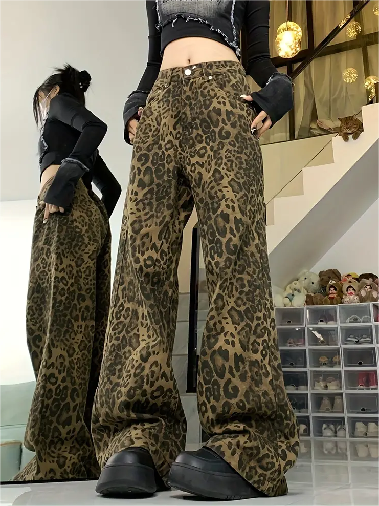 Jeans Boyfriend larghi leopardati Y2k