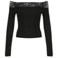 Top a maniche lunghe vintage nero con spalle scoperte e inserto in pizzo