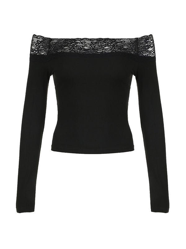 Top a maniche lunghe vintage nero con spalle scoperte e inserto in pizzo