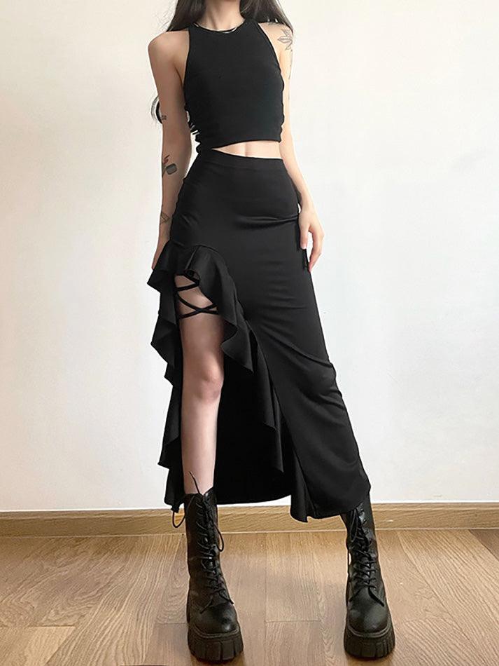 Black High Waist Irregular Split Goth Skirt