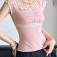 Pink Vintage Lace Trim Bow Square Neck Crop Top