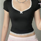 Vintage Bow Lace Trim Slim Crop Top with V Neck