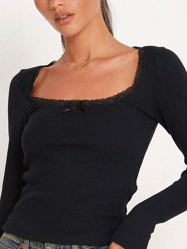 Black Classic Lace Trim Long Sleeve Knit Top with Scoop Neck