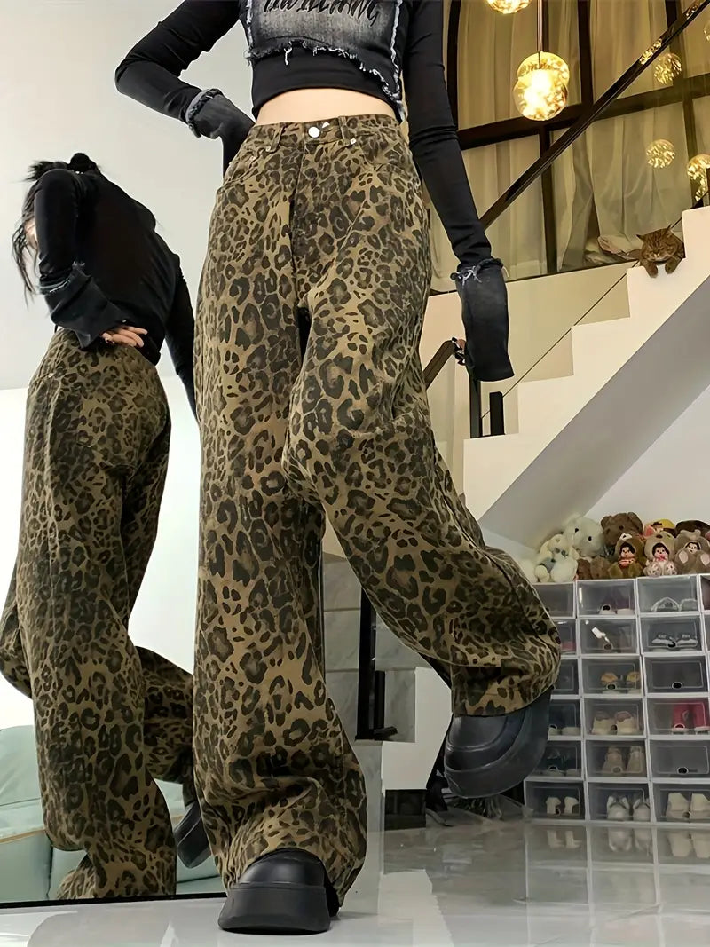 Jeans Boyfriend larghi leopardati Y2k