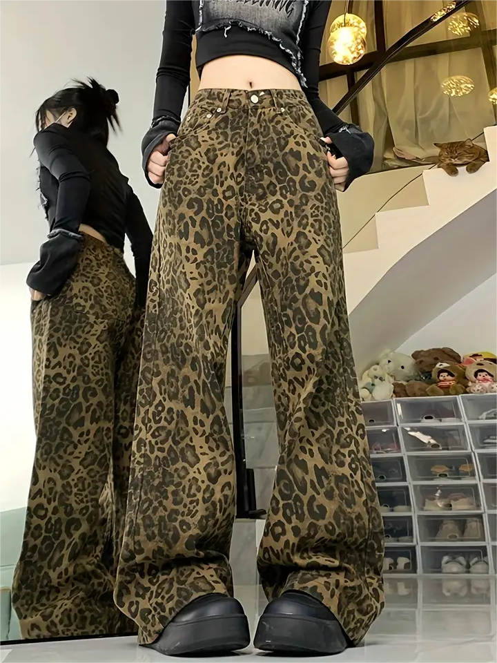 Jeans Boyfriend larghi leopardati Y2k