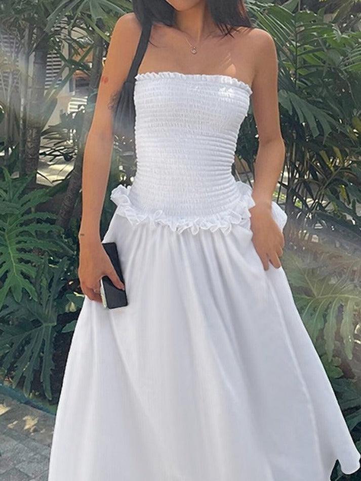 Abito maxi tubolare arricciato con spalle scoperte bianco vintage