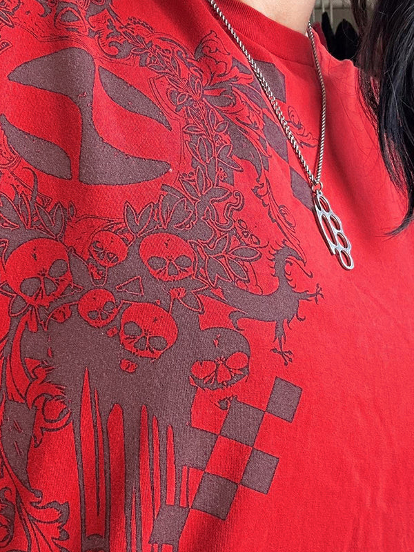 Red Hip Hop Oversized T Shirt with Skull Print and Short Sleeves