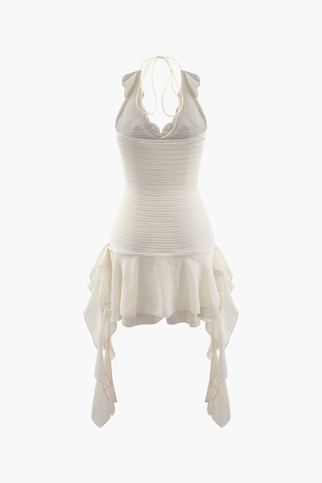 Beige halter neck ruffle mini dress